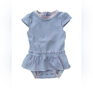 RuffleButts Size 6-12 Months Purple and White Striped Seersucker Peplum Swimsuit